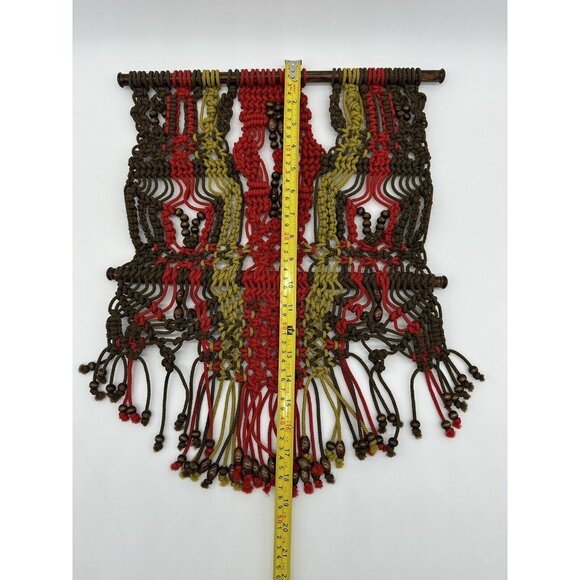Macrame Wall Hanging Boho Wood Rod Green Red Brown Beads Striped Rope Art Nylon - Picture 6 of 7